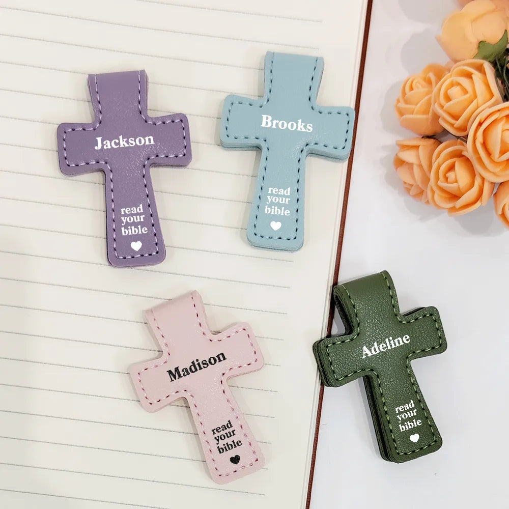 Read Your Bible - Personalized Cross Leather Magnetic Bookmark