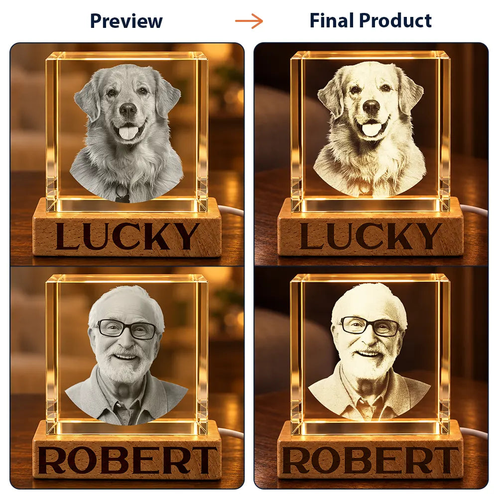 Pet Memorial Gift For Dog Lovers - Personalized Custom Photo Your Light Will Always Shine Crystal Cube Lamp