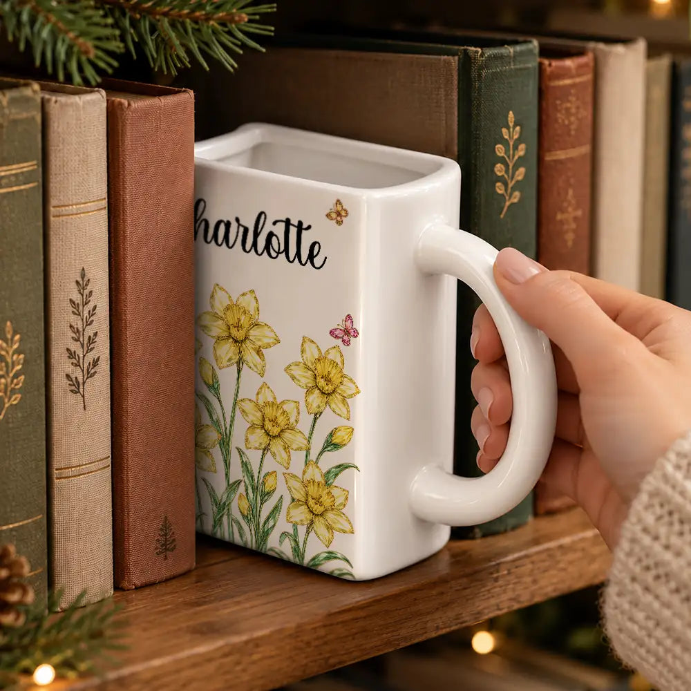 Christmas Gift For Bestie, Best Friend, Coworker, Book Lover - Personalized Crystal Effect Birth Month Flower Book Shaped Mug