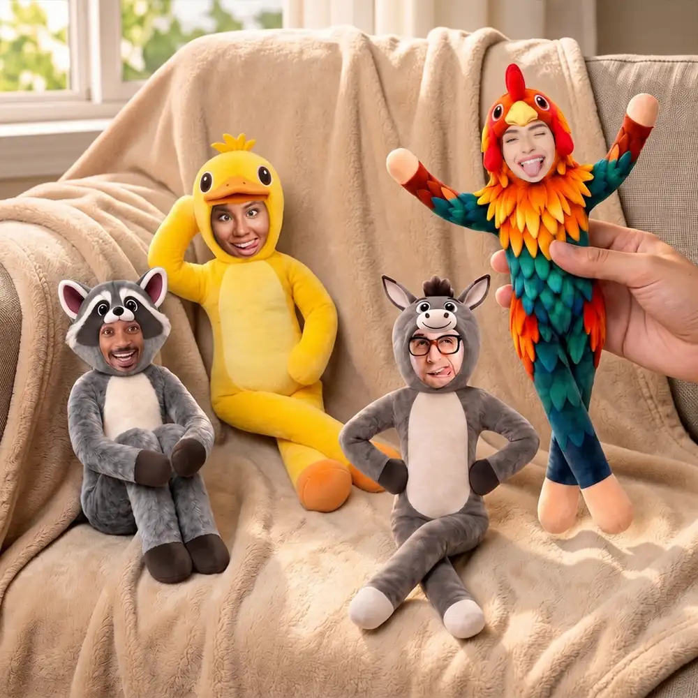 Funny Friendship Gift For Coworker, Work Bestie, Best Friend - Personalized Custom Photo Face Monkey Chicken Raccoon Duck Donkey Poseable Plush Doll
