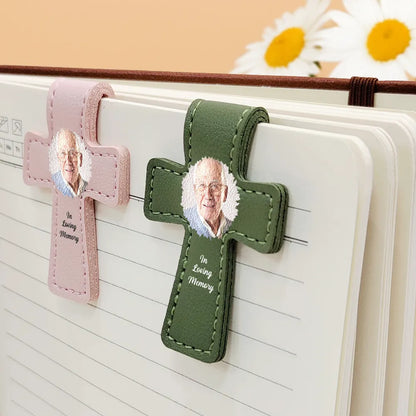 Custom Photo In Loving Memory Memorial - Personalized Cross Leather Magnetic Bookmark