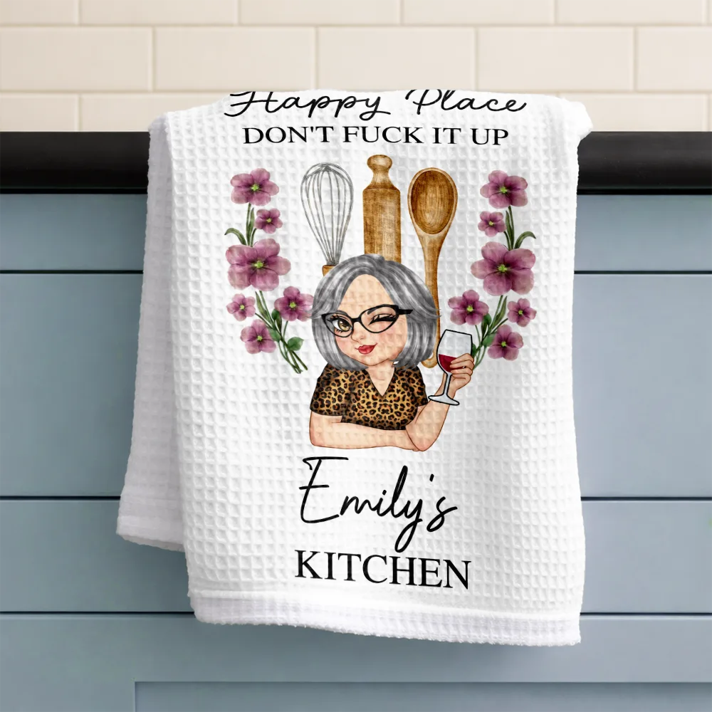 This Is My Happy Place Birth Flower Mom Grandma Kitchen - Personalized Kitchen Towel