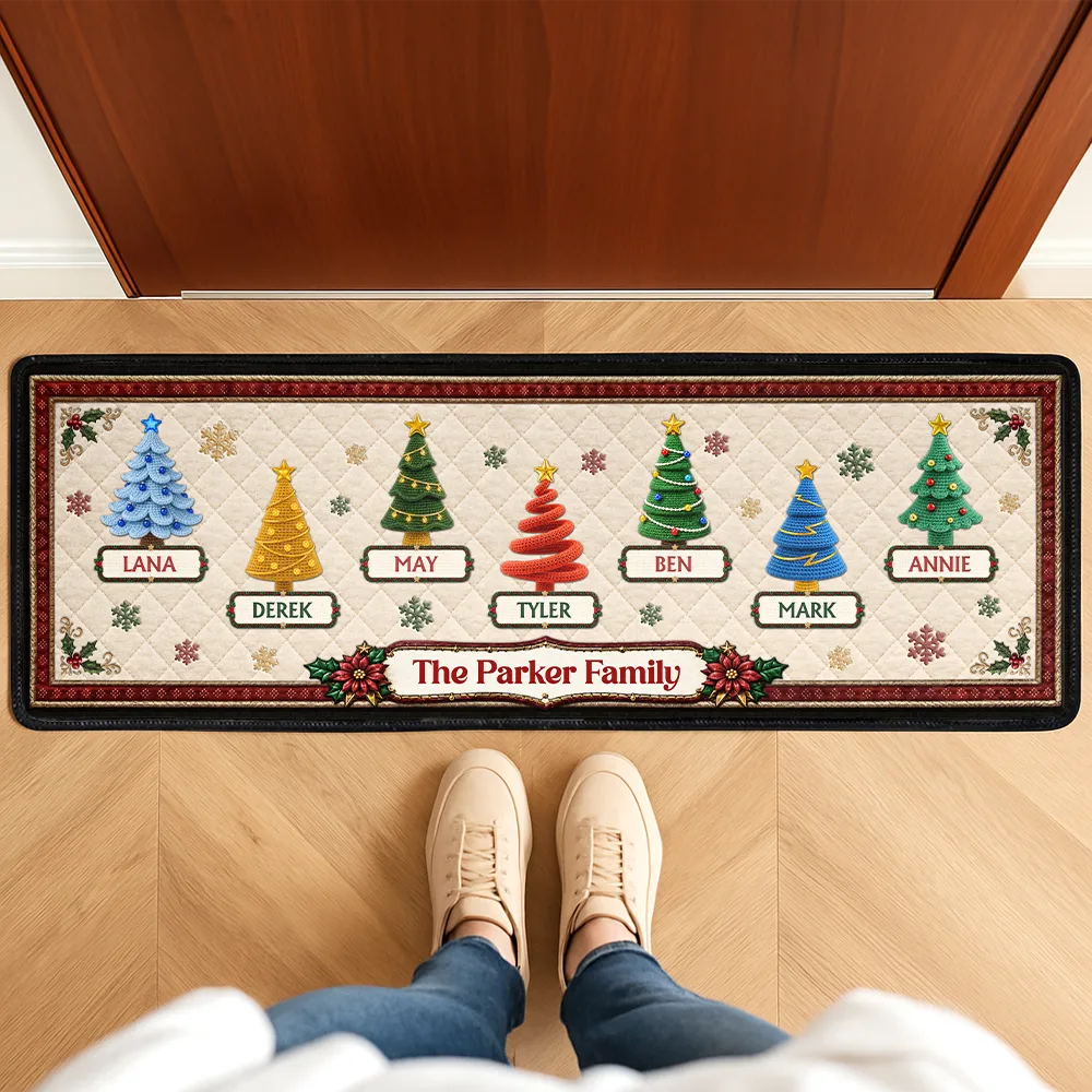 Custom Family Christmas Trees With Faux Quilt Effect - Personalized Runner Rug