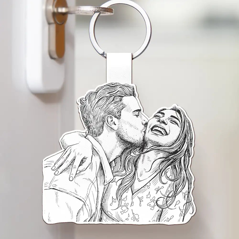 Custom Photo Pencil Sketch Art Family Dog Cat Portrait - Personalized Custom Shaped Leather Keychain