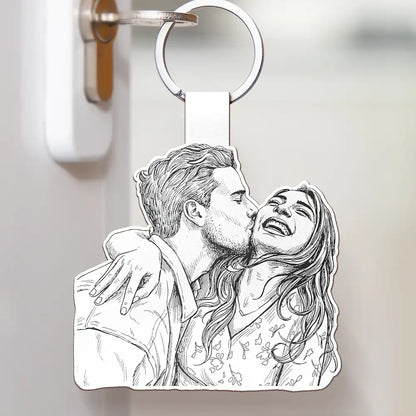 Custom Photo Pencil Sketch Art Family Dog Cat Portrait - Personalized Custom Shaped Leather Keychain