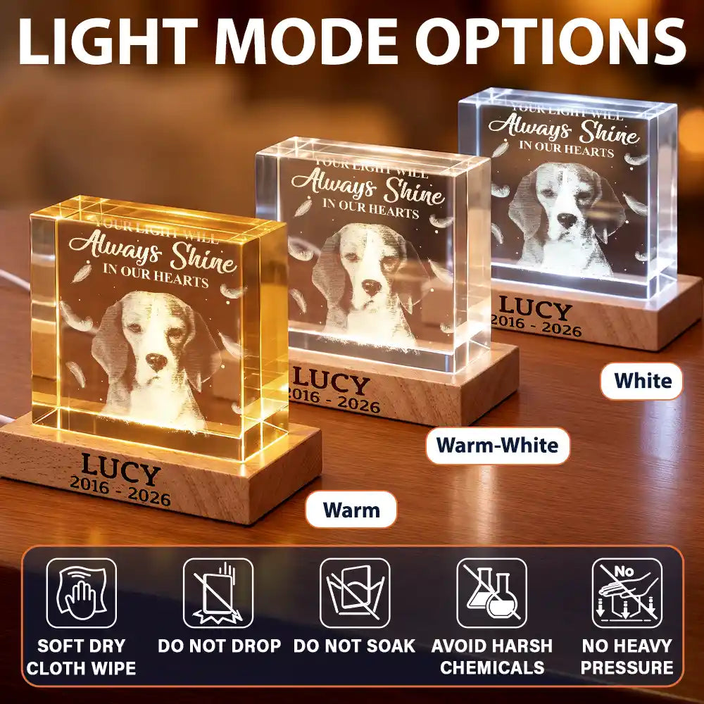 Pet Memorial Gift For Dog Lovers - Personalized Custom Photo Your Light Will Always Shine Crystal Cube Lamp