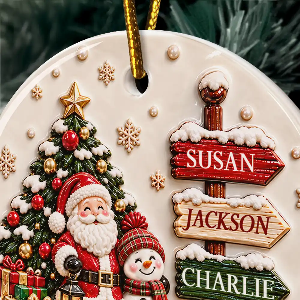 Christmas Gift For Family - Personalized Family Name Santa And Snowman 3D Embossed Circle Ceramic Ornament
