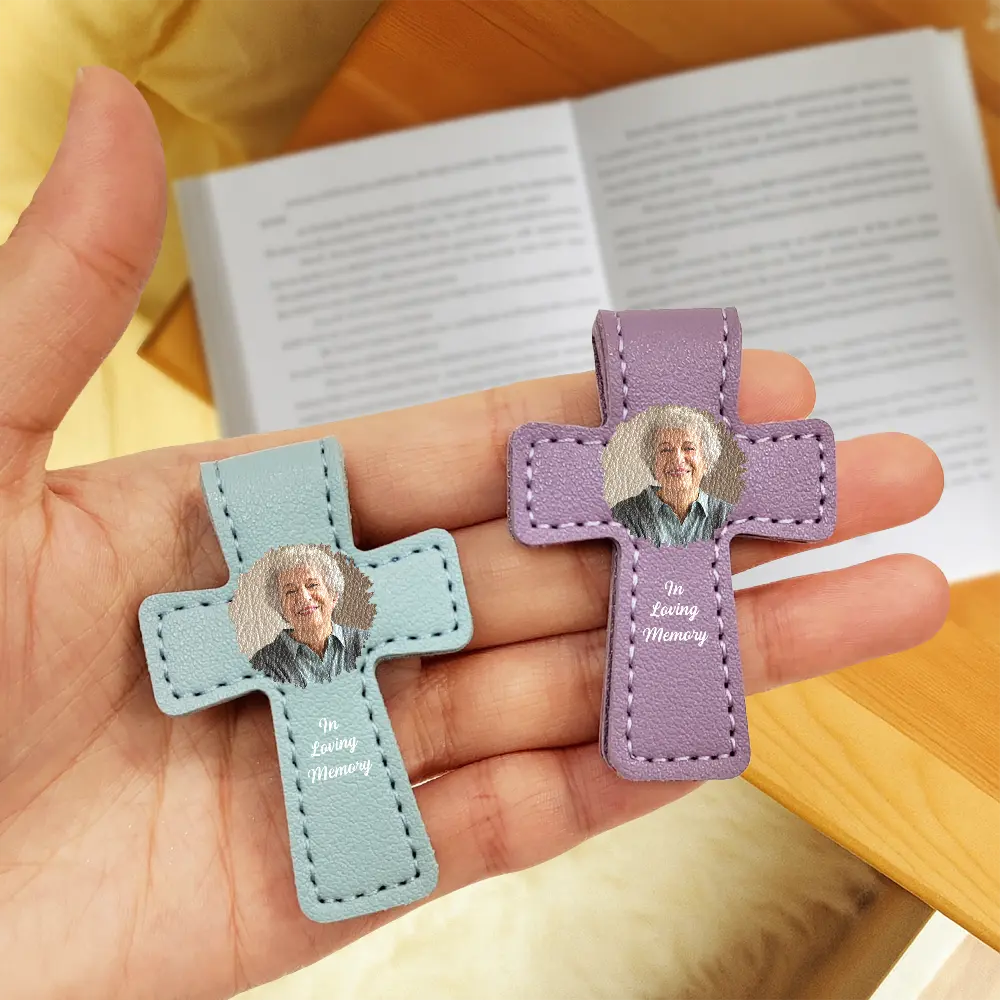 Custom Photo In Loving Memory Memorial - Personalized Cross Leather Magnetic Bookmark