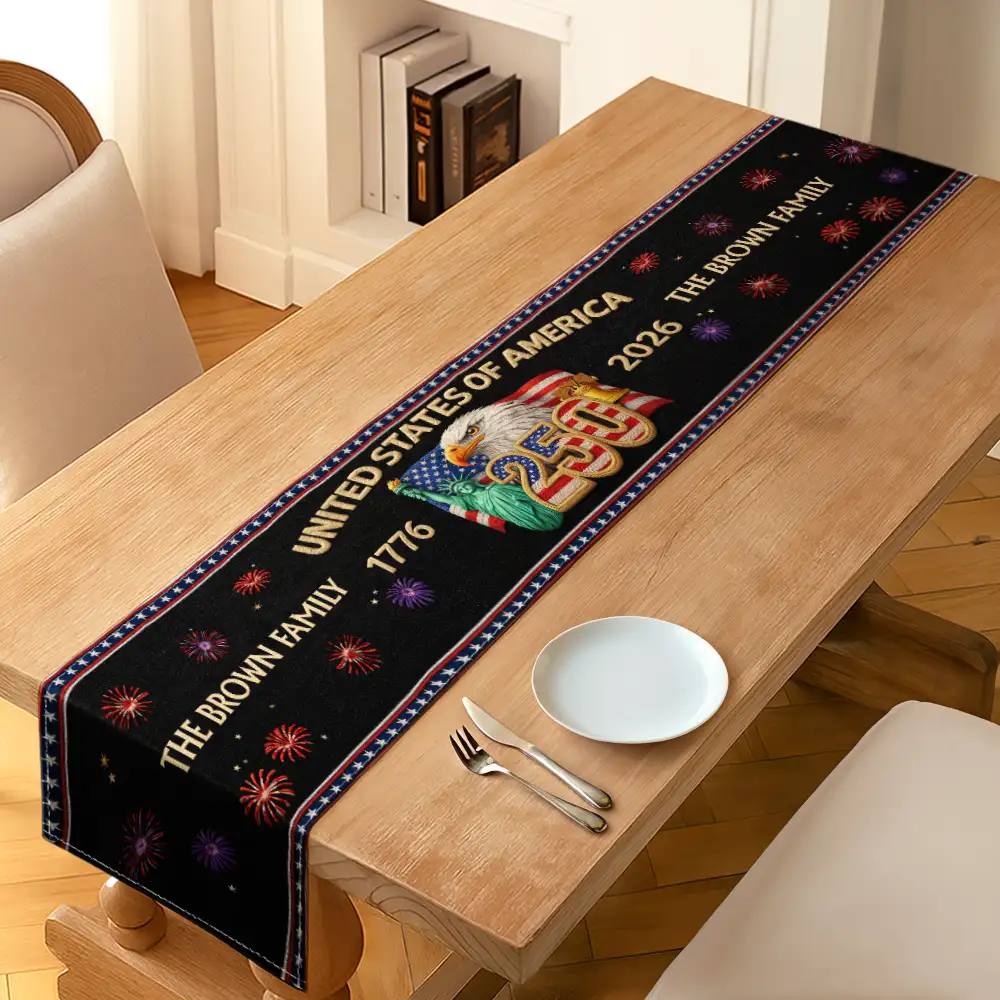 Faux Embroidery Effect America 250th Anniversary Family Name - Personalized Table Runner