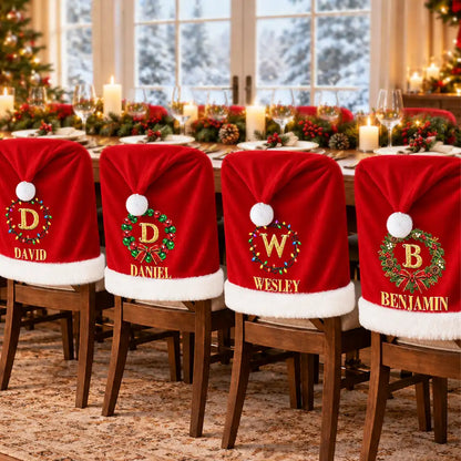 Christmas Table Decor Gift For Family - Personalized Monogram Gold Initial In Holly Wreath Chair Cover