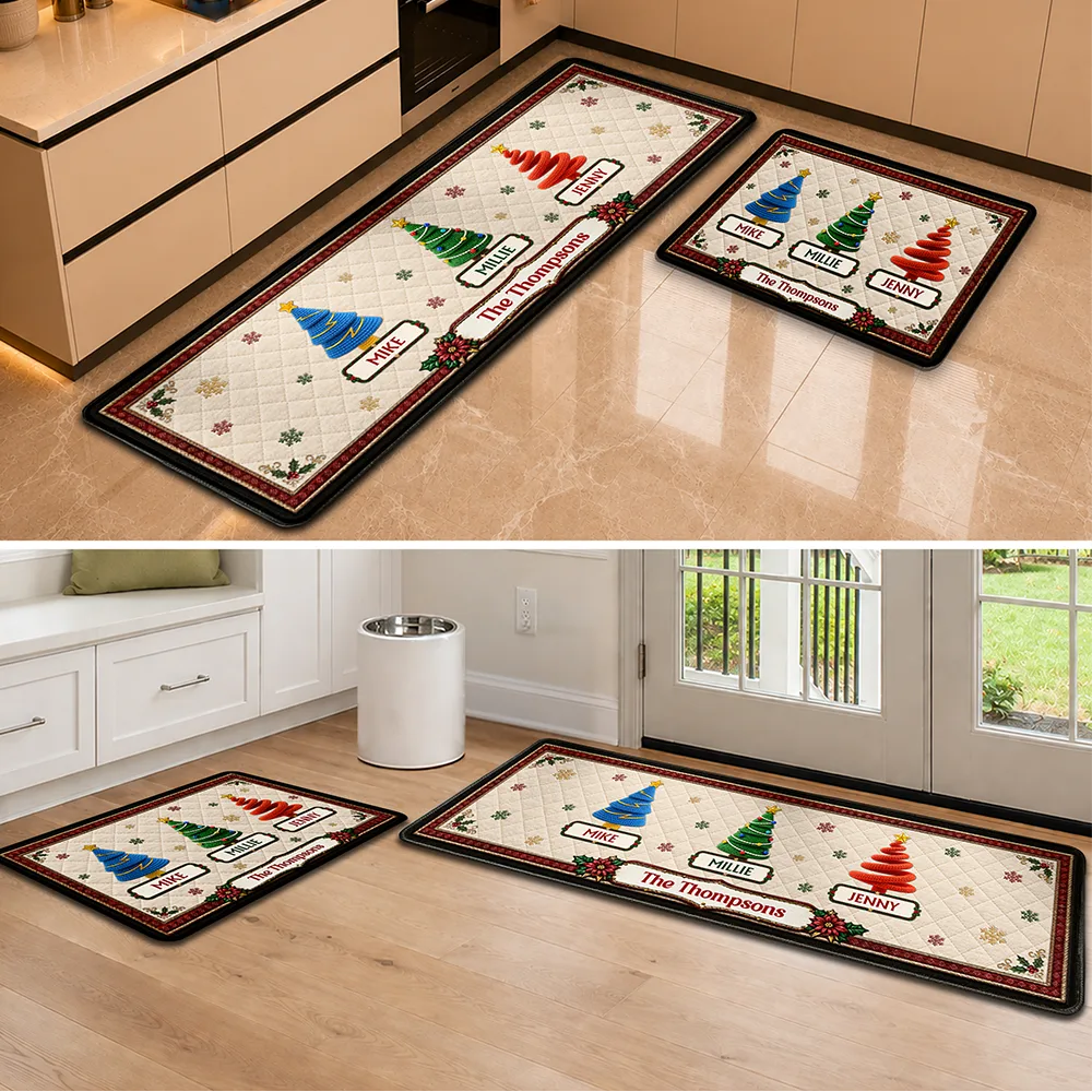 Custom Family Christmas Trees With Faux Quilt Effect - Personalized Runner Rug