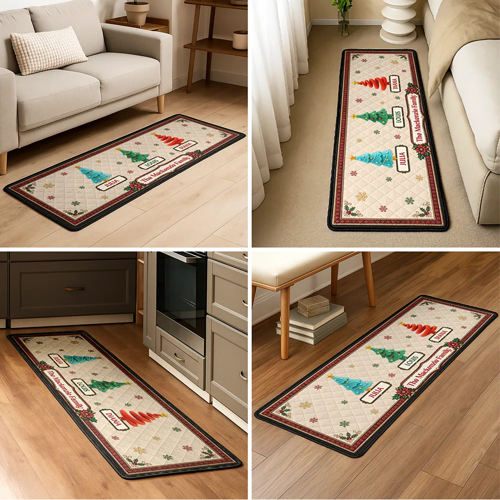 Custom Family Christmas Trees With Faux Quilt Effect - Personalized Runner Rug