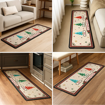 Custom Family Christmas Trees With Faux Quilt Effect - Personalized Runner Rug
