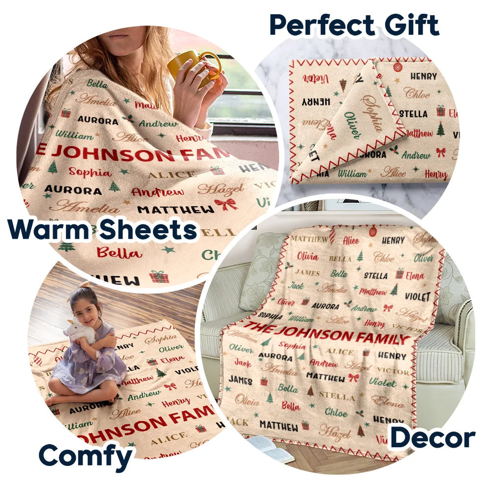 Christmas Gift For Family Grandma Mom - Personalized Family & Member Names Word Art Christmas Fleece Blanket, Sherpa Blanket