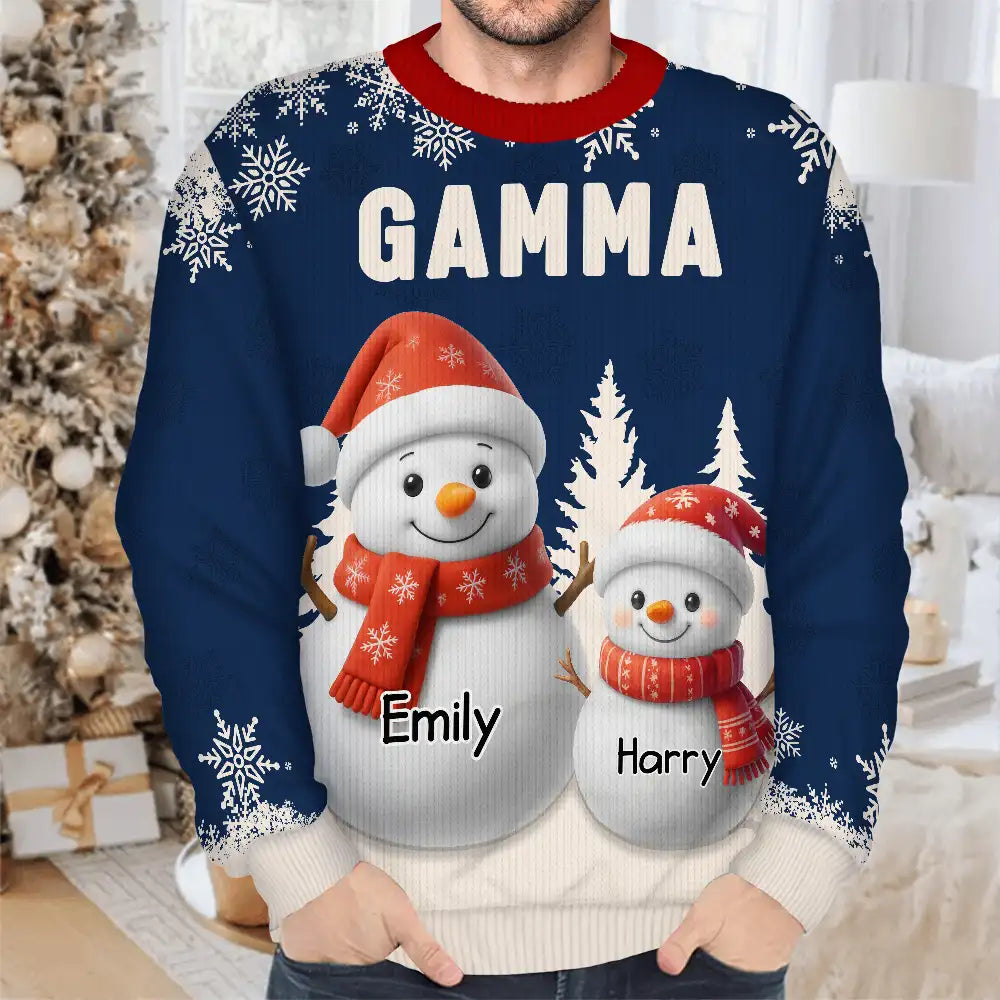 Grandma Grandkids Snowman 3D Effect - Personalized Unisex Ugly Sweater