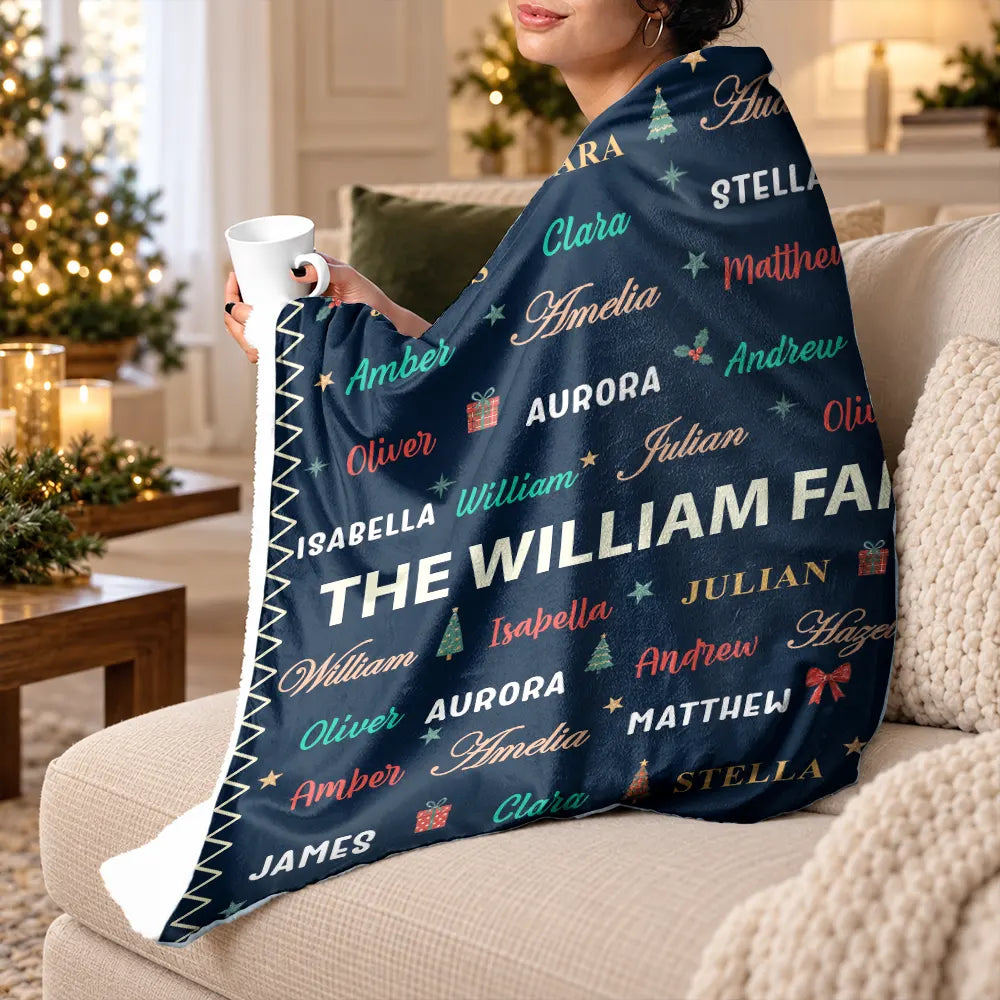 Christmas Gift For Family Grandma Mom - Personalized Family & Member Names Word Art Christmas Fleece Blanket, Sherpa Blanket