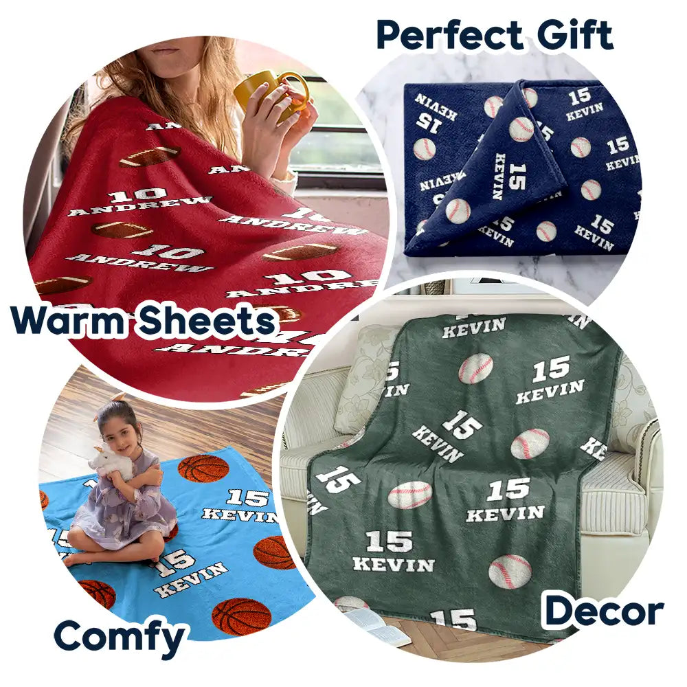 Sports Gift For Kids - Personalized American Football Baseball Soccer Fleece Blanket, Sherpa Blanket