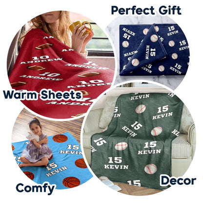 Sports Gift For Kids - Personalized American Football Baseball Soccer Fleece Blanket, Sherpa Blanket