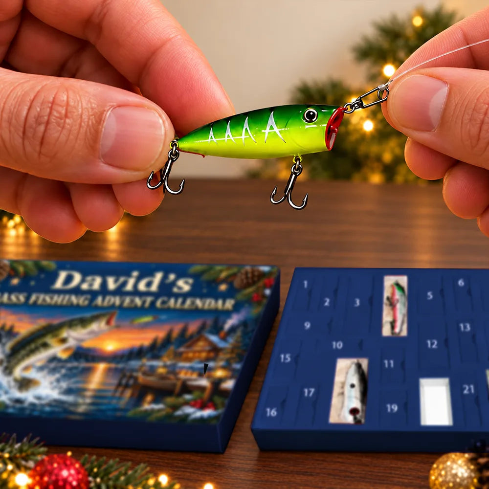 Fishing Gift For Him, Husband, Grandpa, Son - Personalized Custom Name Christmas Countdown Box Advent Calendar
