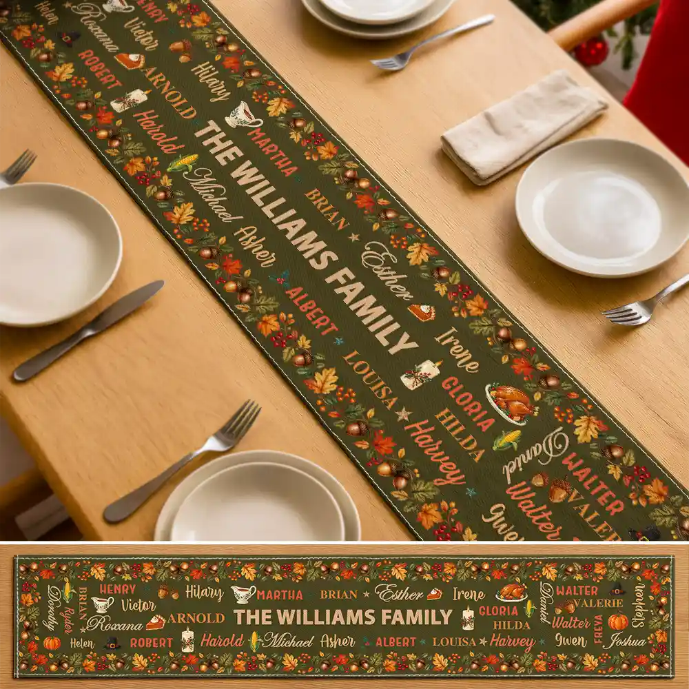 Thanksgiving Table Decor For Family Gathering - Personalized Fall Foliage Family Names Table Runner