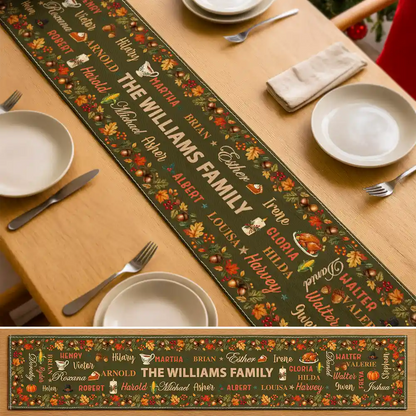 Thanksgiving Table Decor For Family Gathering - Personalized Fall Foliage Family Names Table Runner