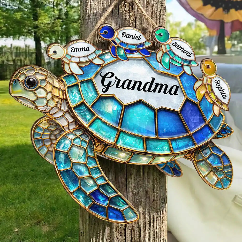 Turtle Stained Glass Mom Grandma - Personalized Custom Shaped Wood Sign