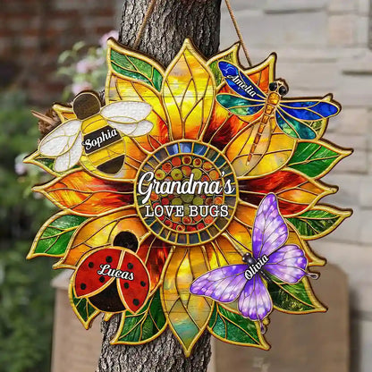 Grandma's Love Bugs Stained Glass Effect - Personalized Custom Shaped Wood Sign