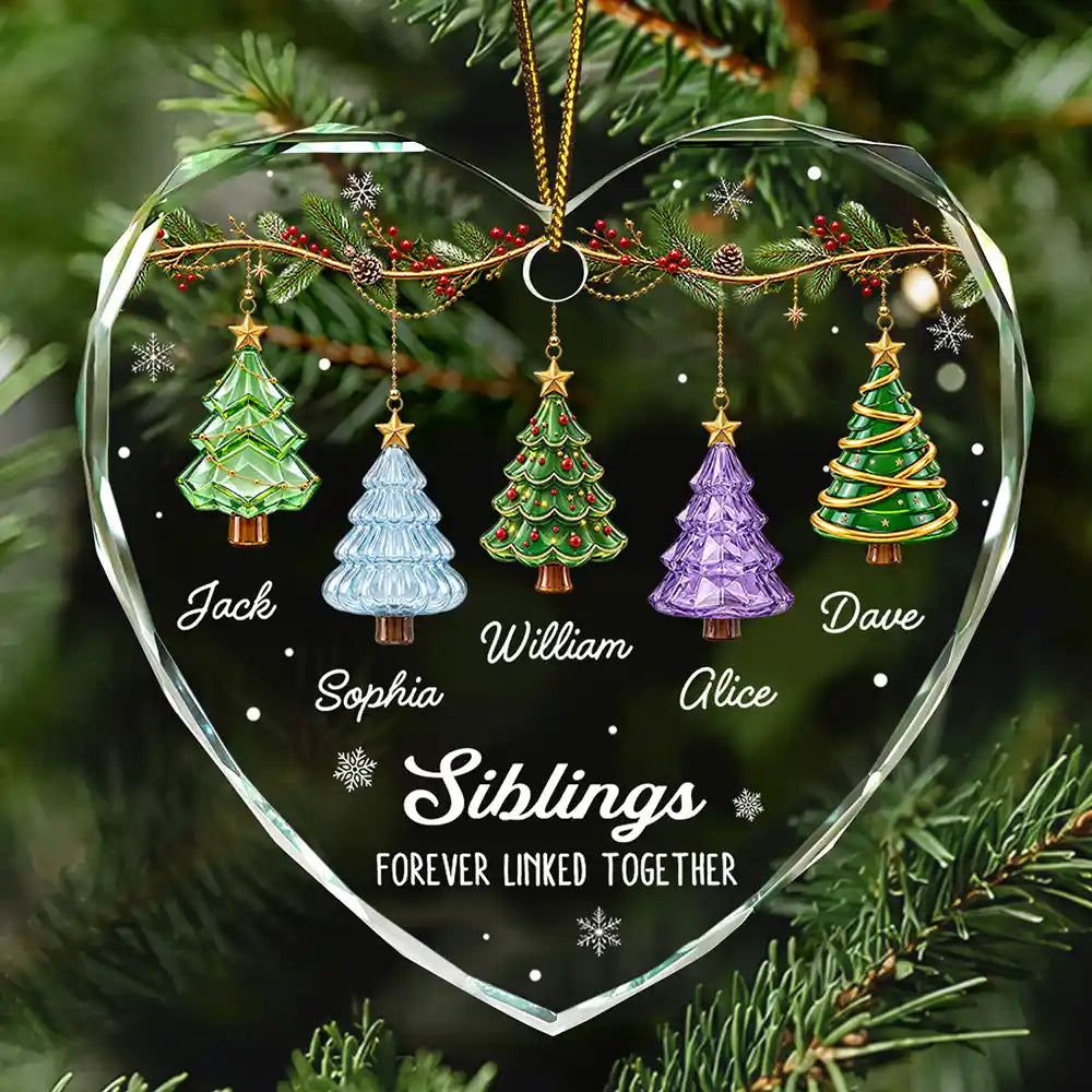 Festive 3D Effect Christmas Trees Brothers & Sisters Forever Linked Together - Personalized Glass Ornament
