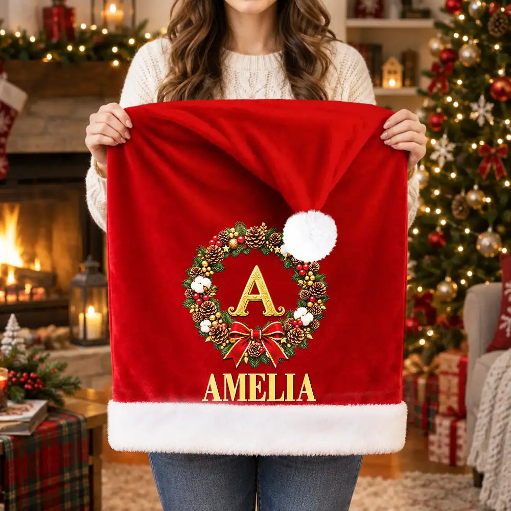 Christmas Table Decor Gift For Family - Personalized Monogram Gold Initial In Holly Wreath Chair Cover
