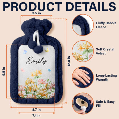 Birthday, Christmas Gift For Her, Daughter, Mom, Friends - Personalized Birth Flower And Name Hot Water Bottle
