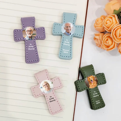Custom Photo In Loving Memory Memorial - Personalized Cross Leather Magnetic Bookmark