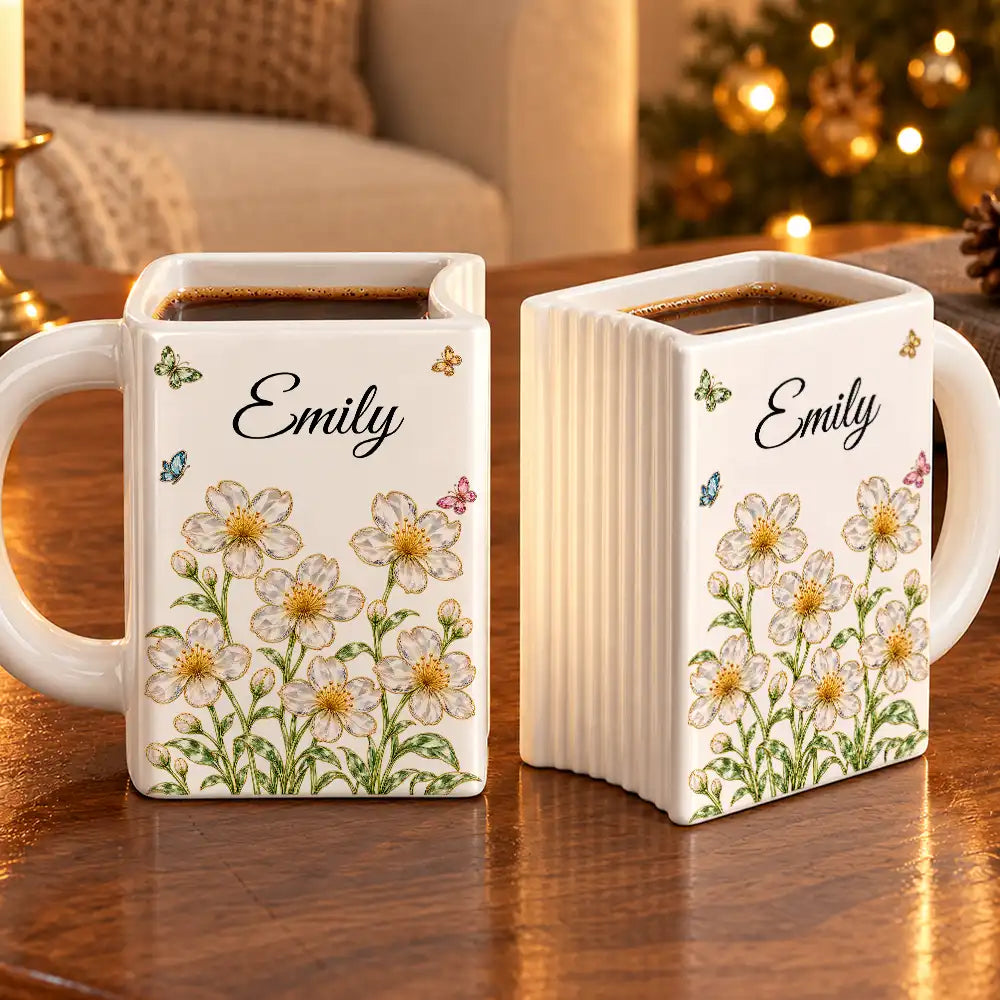 Christmas Gift For Bestie, Best Friend, Coworker, Book Lover - Personalized Crystal Effect Birth Month Flower Book Shaped Mug