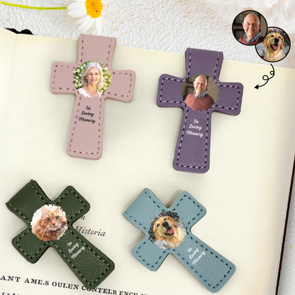 Custom Photo In Loving Memory Memorial - Personalized Cross Leather Magnetic Bookmark