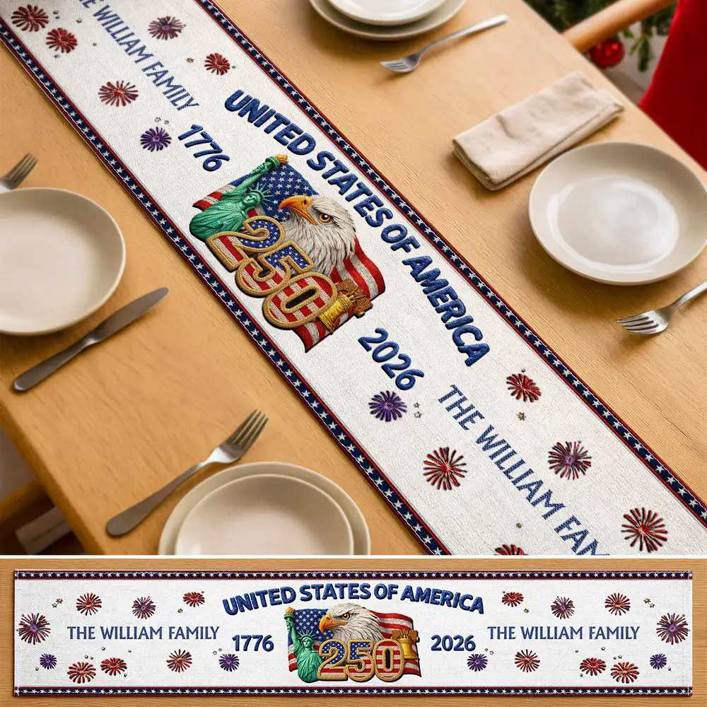 Faux Embroidery Effect America 250th Anniversary Family Name - Personalized Table Runner