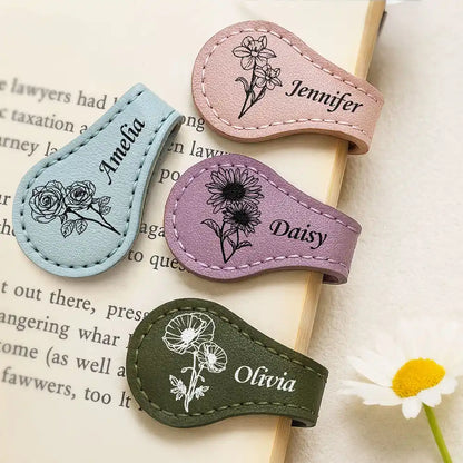 Birth Month Flower & Name - Personalized Circle Leather Magnetic Bookmark