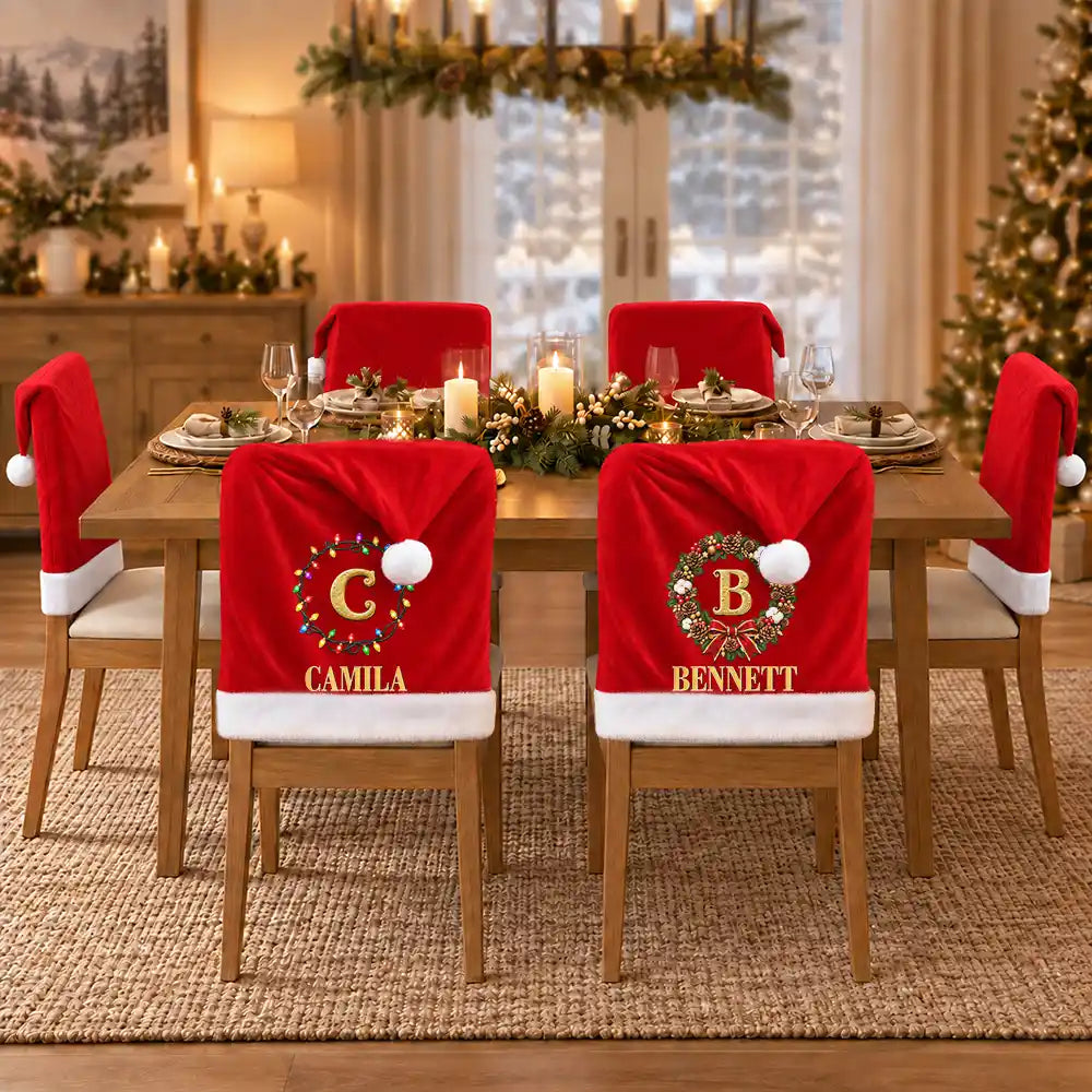 Christmas Table Decor Gift For Family - Personalized Monogram Gold Initial In Holly Wreath Chair Cover