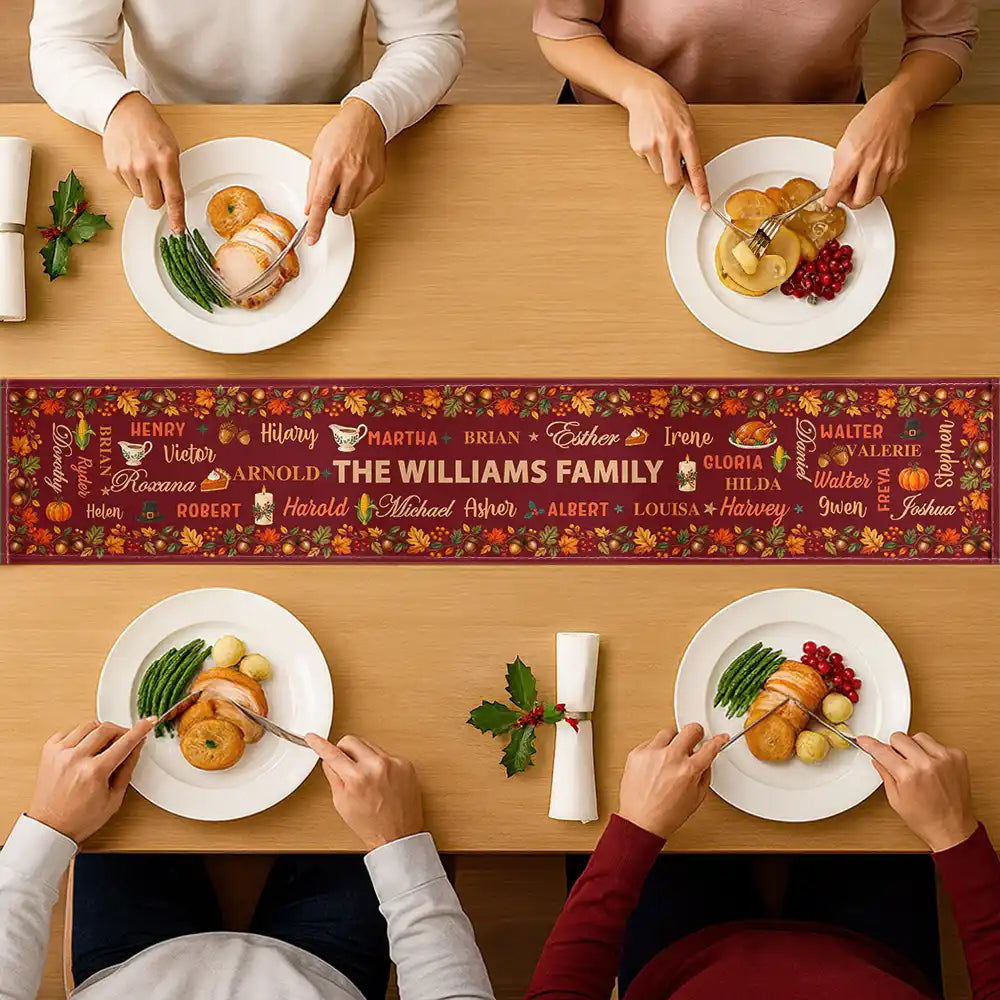 Thanksgiving Table Decor For Family Gathering - Personalized Fall Foliage Family Names Table Runner