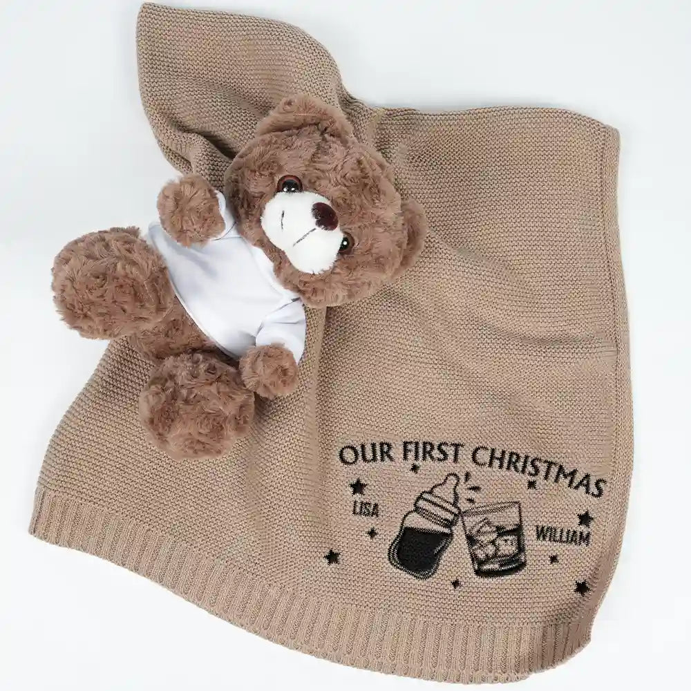 Our First Christmas Together Newborn Baby With Daddy - Personalized Embroidered Knitted Baby Blanket