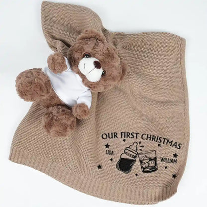 Our First Christmas Together Newborn Baby With Daddy - Personalized Embroidered Knitted Baby Blanket